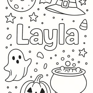 May include: Black and white line art with Halloween illustrations. Depicts a smiling moon, stars, a witch's hat, bats, candy corn, a ghost, a cauldron, a jack-o'-lantern, a bone, and the name "Layla".