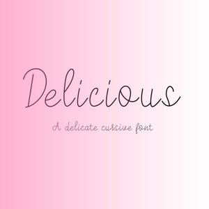 May include: A pink gradient background with the word "Delicious" in a delicate cursive font. Below the word is the phrase "A delicate cursive font". The text is in a dark purple colour.