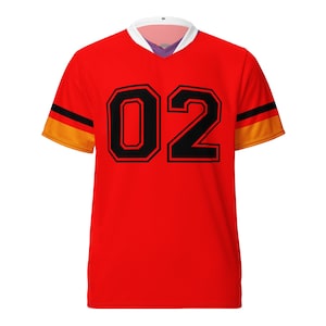 May include: Red, white, and orange football jersey with black number "02" on the front.