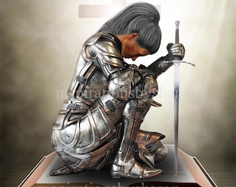 Female Personalised Kneeling Knight With Shield On Bible Armor Of God Digital Download, Put On Full Armor,