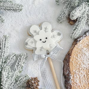 May include: A snowflake-shaped biscuit with white icing, featuring a central smiling face with black eyes and a mouth. The biscuit is attached to a wooden stick and decorated with a light grey and white gingham ribbon tied in a bow.