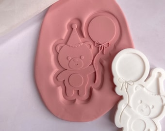 Birthday Bear with balloon | cookie embosser stamp & cutter, embosser, fondant stamp, debosser, 3D printed U.K.