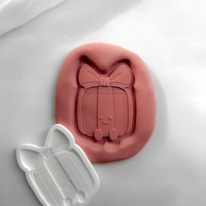 May include: A pink silicone mould featuring a recessed design of a square gift box with a large bow on top and a small smiling face, accompanied by a separate white plastic cutter that mirrors the same gift box shape with a bow and face.
