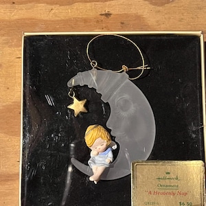 Vintage Hallmark 1986 “A Heavenly Nap” Ornament | Sleeping Angel on Moon | Keepsake Ornament with Box