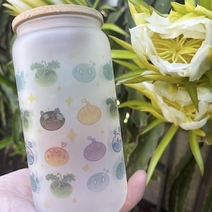 16oz Glass Tumbler | Cute Kawaii Genshin Slime Cup | Sublimation Cup | Handwash Cups | Cute Glass Cup | Reusable Straw