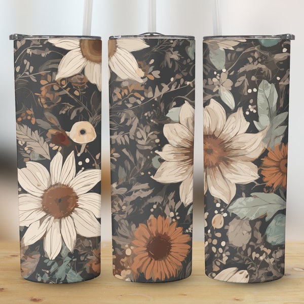 Floral Tumbler Cup, Rustic Sunflower Design, Botanical Travel Mug, Unique Nature Lover Gift, Garden Theme Drinkware