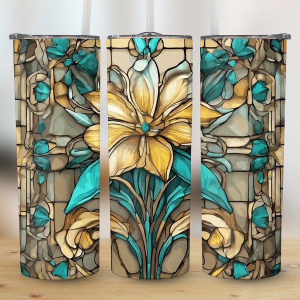 Stained Glass Flower Design for 20oz Tumbler, Digital Wrap, Turquoise and Yellow Floral Tumbler SVG, Printable Tumbler Template