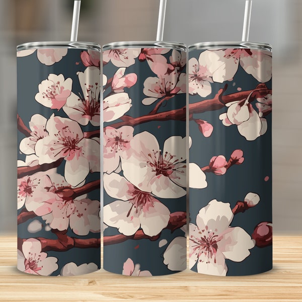 Floral Tumbler Sakura Blossom Drinkware, Pink Cherry Flowers Insulated Cup, Elegant Gift for Her, Botanical Travel Mug, Spring Accessory