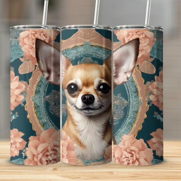 Chihuahua Tumbler Cup, Floral Dog Design, Cute Puppy Travel Mug, Animal Lover Gift, Unique Pet Themed Tumbler, Coffee Lover Present, , Boho