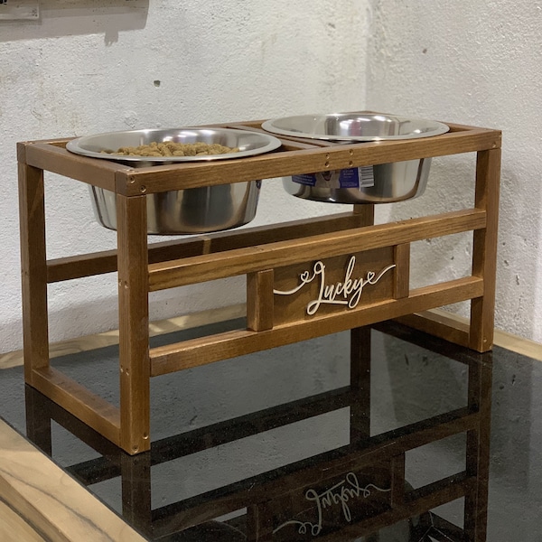 Personalised dog bowl stand made of natural ash wood, an excellent choice for both small and large dog beads, a perfect addition to interior