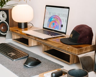 Modern desk monitor stand made of wood, metal and epoxy with unique design will become a great housewarming or office gift