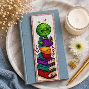 Bookworm Bookmark Cross Stitch Pattern PDF, Cute Reading Caterpillar Embroidery Chart, Book Lover Gift, Digital Download