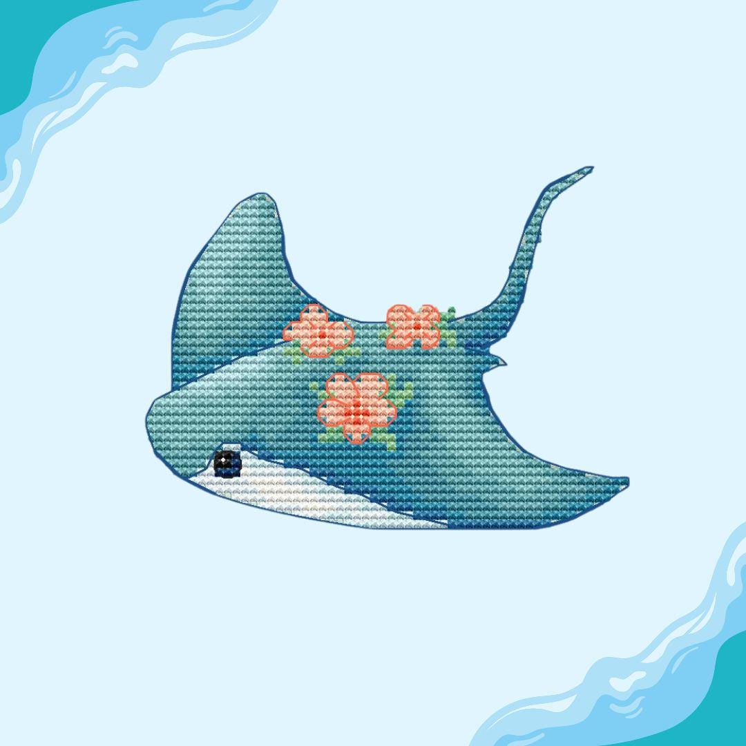 cute digital pattern for cross-stitch Stingray, ocean fish, floral pattern PDF, Stingray and flowers, pattern for plastic canvas