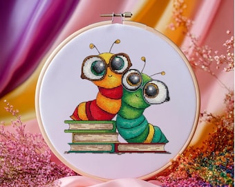 Bookworm Cross Stitch Pattern: Colorful Caterpillars with Glasses (PDF Download)