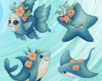 Set of cross-stitch marine patterns  PDF, floral pattern, fish, shark, stingray, starfish, digital aqua cross-stitch pattern PDF