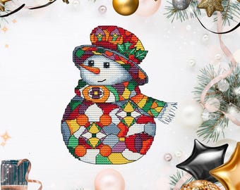 Stained Glass Snowman Cross Stitch PDF – Christmas Ornament Pattern for Tree, Colorful Holiday Decor, Easy Winter Embroidery,  Winter Gift
