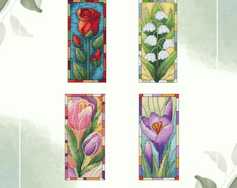 Set of cross-stitch patterns bookmarks PDF, floral pattern, rose, crocus, tulip, lily of the valley, digital spring cross-stitch pattern PDF