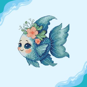 Blauw gebloemd viskruissteekpatroon, Sea Ocean-borduurwerk (pdf-patroon)