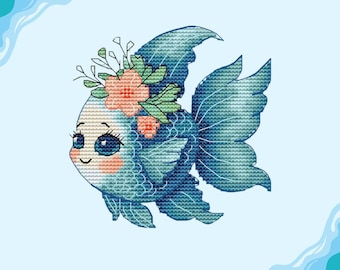 cute digital pattern for cross-stitch blue fish, ocean or sea fish, floral pattern PDF, fish and flowers, pattern for plastic canvas