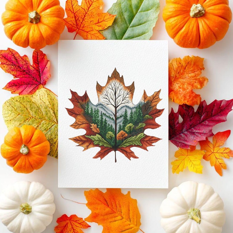 Autumn Leaf Cross Stitch Pattern: Forest Landscape Embroidery (PDF ...
