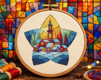 Patrón de punto de cruz en PDF de pueblo navideño con vidrieras, gráfico de bordado de adorno de estrella, decoración navideña, diseño sobre lienzo de plástico.