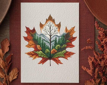May include: A white card featuring a colorful leaf design with a landscape scene. The leaf is in shades of orange, red, and green, with a mountain and forest scene inside. The card is on a red textured surface.