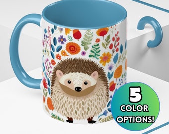 Folk Art Hedgehog Coffee Mug: Scandinavian Floral Ceramic Mug