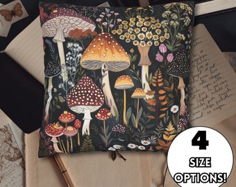 Botanical Mushroom Pillow Cover - Mushroom Flower Cushion Cover - Dark Cottagecore Bedding - Enchanted Forest Décor - Floral Pillow Case