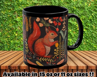 Black Folk Art Squirrel Mug - Squirrel Coffee Cup - Mothers Day Gift - Cute Squirrel Gifts - Woodland Animal Mug - Cute Ceramic Animal Mug