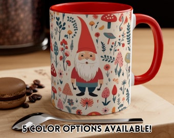 Garden Gnome Coffee Mug, Gnome Mushroom Print Ceramic Coffee Cup, Tomte Gnome, Cute Birthday Gift for Her, Scandinavian Folk Art Print Gift