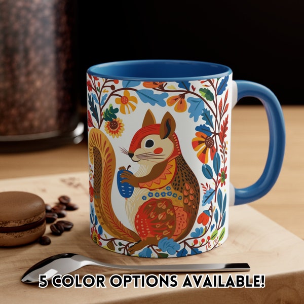 Folk Art Style Squirrel Mug, Ceramic Coffee Mug, Cute Squirrel Latte Mug, Gift For Her Birthday, Woodland Creature Mug, Squirrel Lover Gift