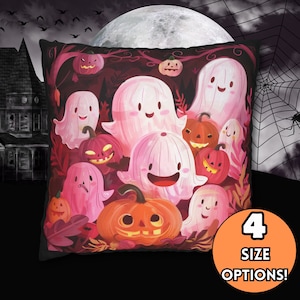 Halloween Ghost Pillow Cover, Pink Ghost Pillow Case, Carved Pumpkin Square Cushion Cover, Cute Halloween Decor, Fall Pumpkin Pillow Cover