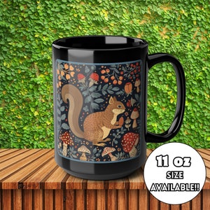 Squirrel & Mushroom Coffee Mug: Cottagecore Folk Art Ceramic Cup