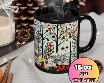Snowy Owl Art Mug: Black Folk Art Coffee Cup