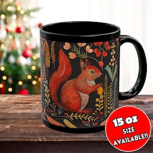 Black Folk Art Squirrel Mug, Squirrel Coffee Cup, Fathers Day Present, Cute Squirrel Gifts, Woodland Animal Mug, Cute Ceramic Animal Mug