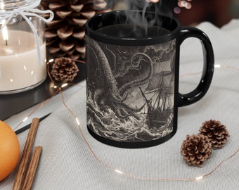 Schwarzer Kraken Becher - Kraken Kaffeetasse - Maritimer Becher - Renaissance Kunst Stil - Monster Geschenk - Monster Geschenk für Ihn - Meeresbiologie Geschenk