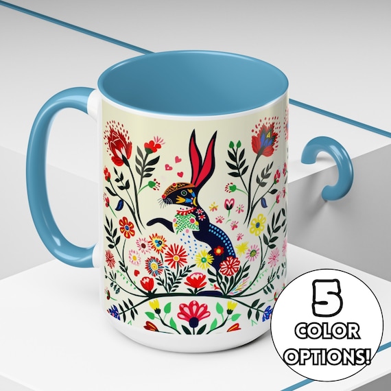 Floral Bunny Coffee Mug: Scandinavian Folk Art Rabbit, Easter Gift