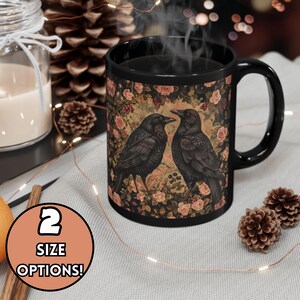 Black Floral Crow Coffee Mug, Bird Lover Gift, Unique Raven Tea Mug, Dark Cottagecore Mug, Cute Crow Core Present, Dark Academia Home Decor