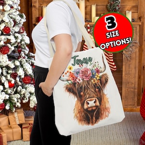 Personalized Highland Cow Canvas Bag, Cute Reusable Shopping Bag, Custom Name Gift, Cute Highland Cow Gift, Personalized Custom Book Tote