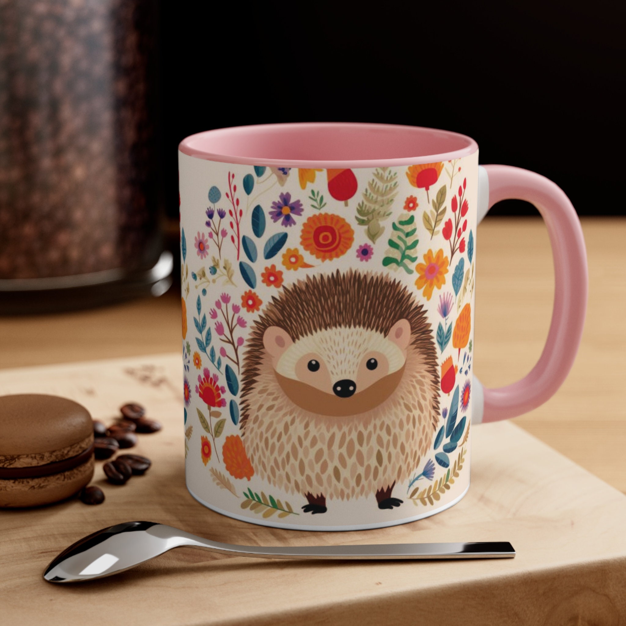 Personalized Hedgehog Art Coffee Mug – Custom Name Scandinavian Folk Mug, 15oz