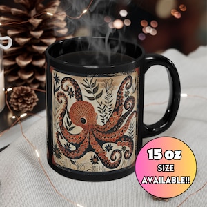 Tazza di polpo di arte popolare nera, tazza di caffè di polpo, amante dell&#39;oceano, tazza di cefalopodi, regalo di polpo, festa del papà, tazza di tè di polpo, regalo di creatura marina