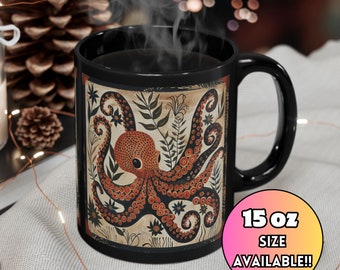 May include: Black ceramic mug with a colorful illustration of an octopus with a floral background. The mug is 15 ounces and has a white rim and handle.