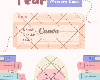 Pode incluir: Uma ilustração de desenho animado de uma pessoa com rosto rosa e um lenço de cabeça rosa claro sentado em frente a uma pilha de livros coloridos. O texto "End of My Year Memory Book" está no topo da imagem. O texto "Name: Canva" está em uma caixa com um padrão de grade.