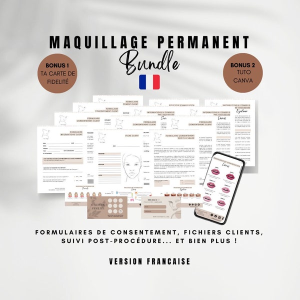 Formulaire consentement PMU et maquillage permanent français, carte de suivi PMU sourcils lèvres et eyeliner, document personnalisable