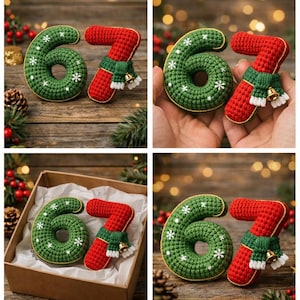 Könnte beinhalten: Gehäkelte Weihnachtsschmuckstücke in Form der Zahlen 6 und 7. Die Zahl 6 ist grün mit weißen Schneeflocken, und die Zahl 7 ist rot mit einem grünen Schal und einer kleinen goldenen Glocke. Festliche Weihnachtsdekoration.