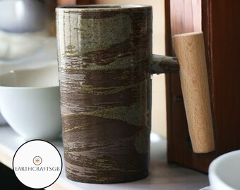 Japanese Stoneware Mug Wooden Handle Tea Mug Ceramic Kiln Glazed Cup Unique Pattern Colour Texture Mugs Japanese Style Decor Gift Home