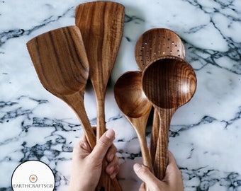 Set d'ustensiles de cuisine en bois naturel pour cuisiner des cuillères en bois Set de spatules Set d'ustensiles de cuisine en bois de teck pour cuisiner Cadeau écologique Cadeau pour la maison