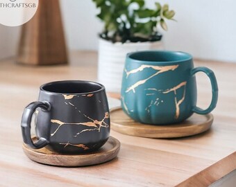 Matte Gold Ceramic Wooden Saucer Coffee Mug Wood Stand Ceramic Espresso Mug Vintage Style Coffee Mug Saucer Ceramic Tea Cup Wooden Coaster