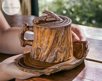 Tasse à café en céramique texturée en bois Tasse en céramique texturée en bois avec couvercle et plateau Tasse à café en bois Tasse à thé style bois Tasse à thé pour la décoration intérieure