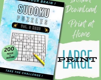 Sudoko Puzzle Book Printable Instant Digital Download, Large Print for clarity, 200 puzzles & solutions - HARD Level, print at home!